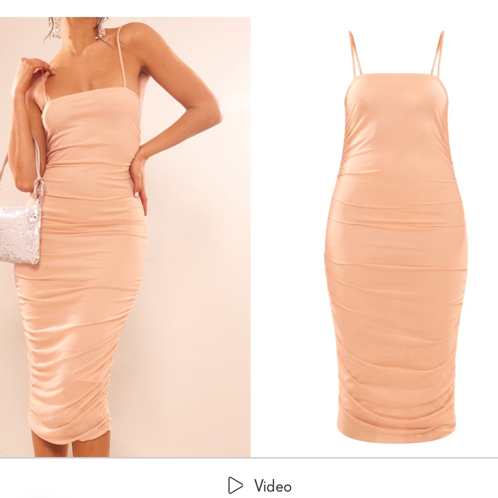 Pretty little thing Strappy Mesh Ruched Midaxi Dress in nude